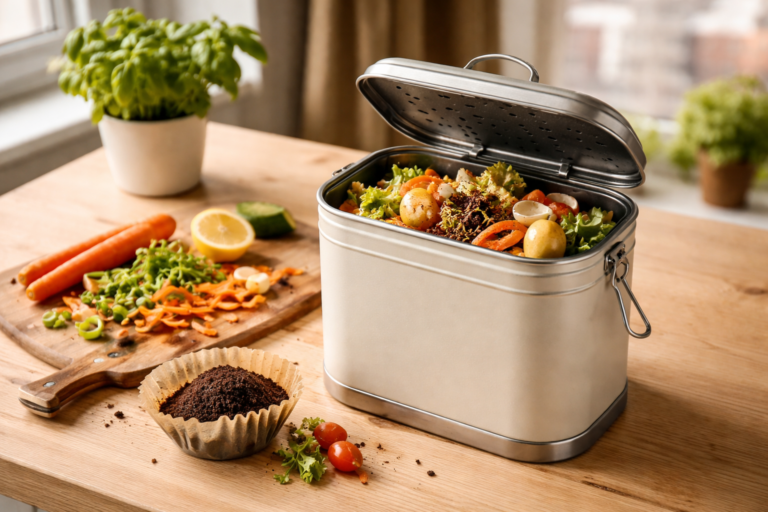 Small countertop compost bin with vegetable scraps on kitchen table for apartment composting