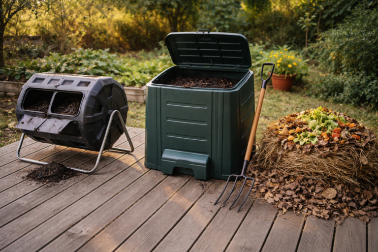 Three backyard composting methods side by side — tumbler, stationary bin, and open pile