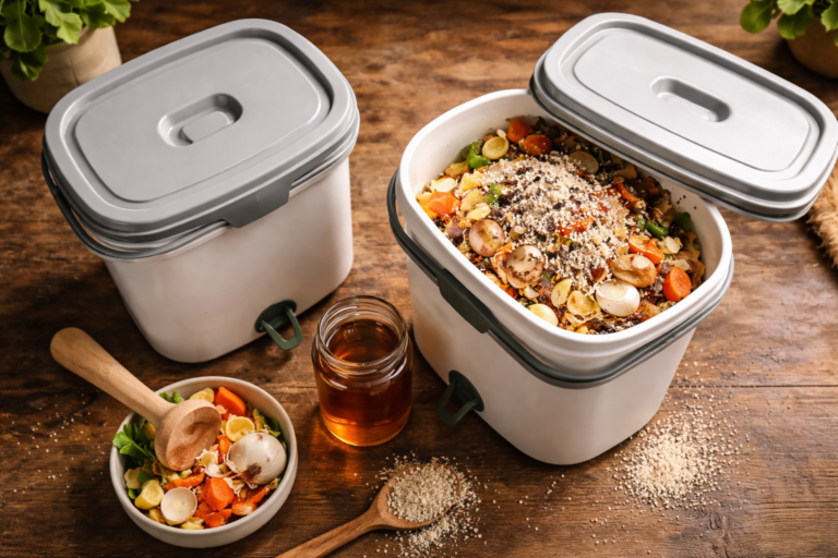 Two white bokashi composting buckets on a wooden counter, one open showing food scraps layered with bokashi bran, alongside a bowl of vegetable scraps and a jar of bokashi tea