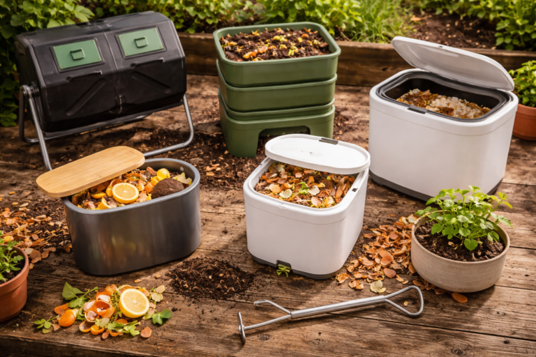 Five different types of compost bins arranged on a weathered wooden potting bench including a tumbler, worm bin, bokashi bucket, kitchen bin, and electric composter