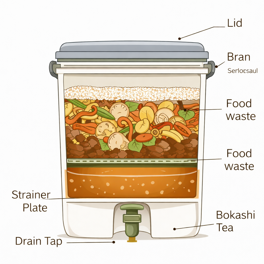 Cross-section diagram of a bokashi composting bin showing lid, bran layer, food waste layers, strainer plate, bokashi tea collection area, and drain tap