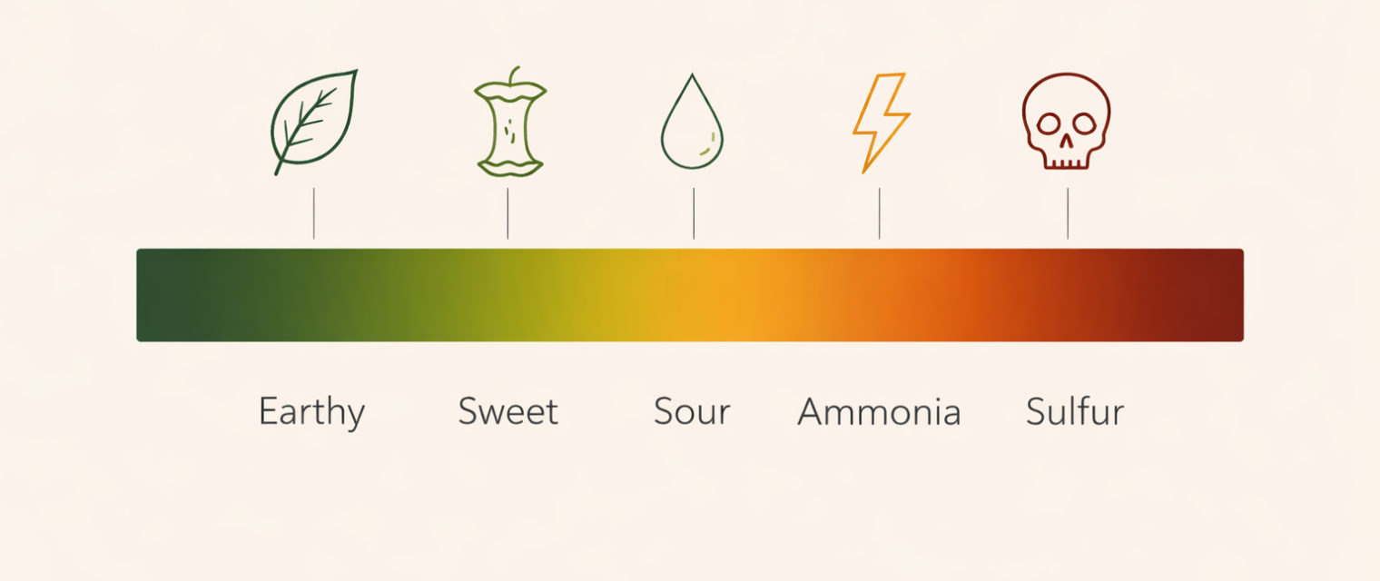 Compost smell diagnosis scale from healthy earthy to dangerous sulfur with icons and color gradient