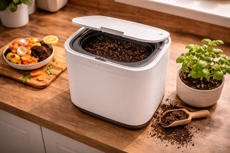 Electric kitchen composter on wooden countertop with vegetable scraps and herb plant