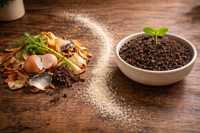 Kitchen food scraps on the left connected by a trail of white bokashi bran to a bowl of dark finished compost with a green seedling on the right, showing the bokashi composting transformation