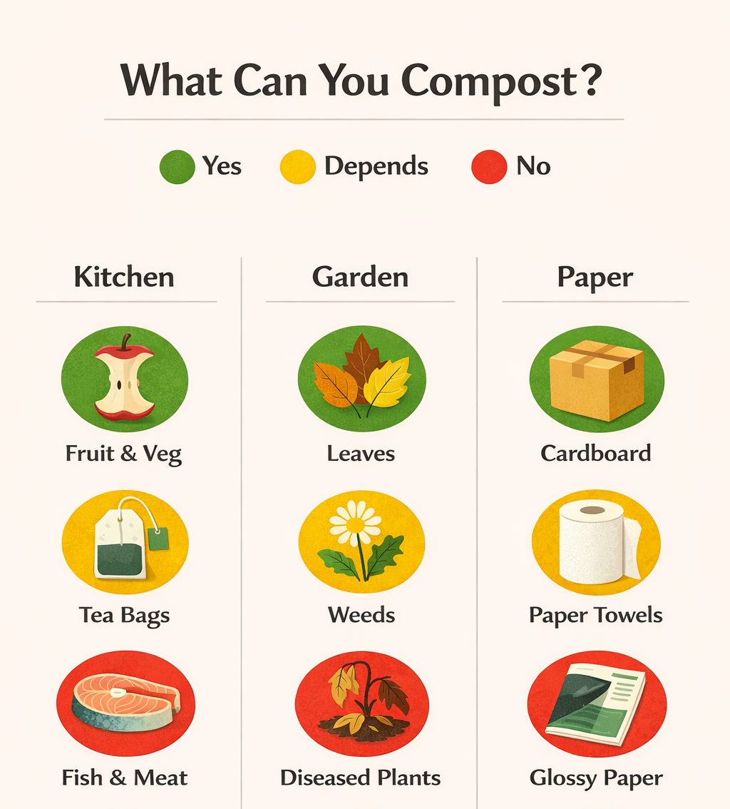 What can you compost chart: kitchen, garden and paper items color-coded by yes, depends, and no
