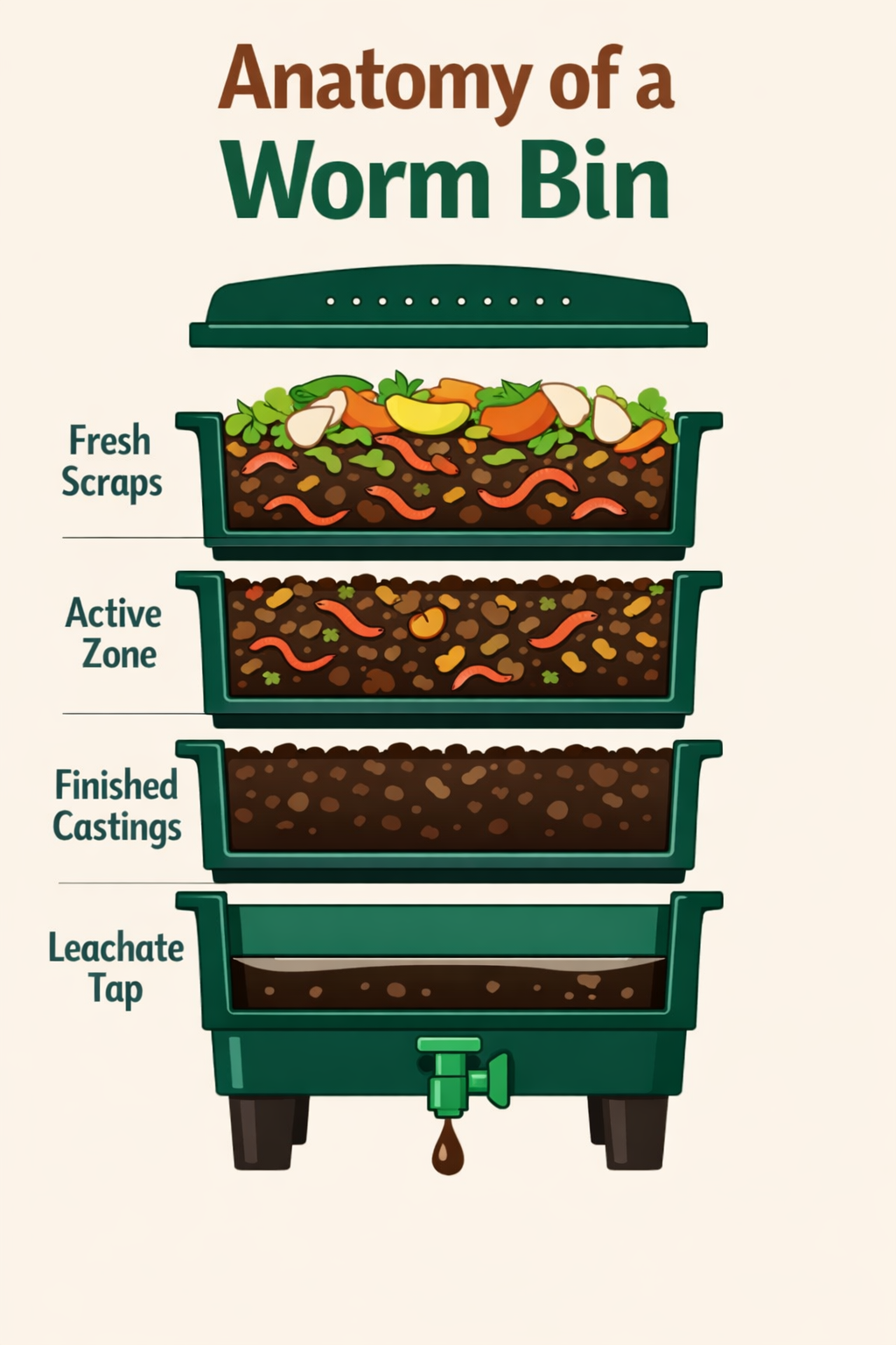 Cross-section diagram of a multi-tray worm bin showing fresh scraps layer, active zone, finished castings, and leachate tap