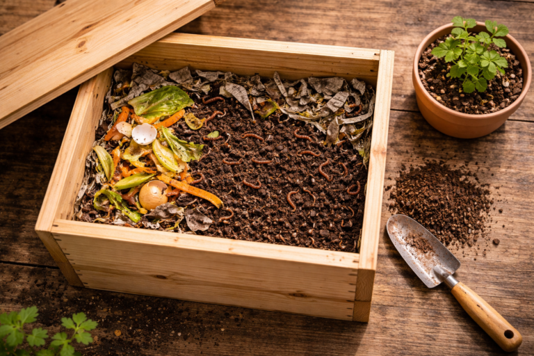 Open wooden worm composting bin showing red wiggler worms among vegetable scraps and shredded newspaper bedding, with a trowel and potted seedling nearby