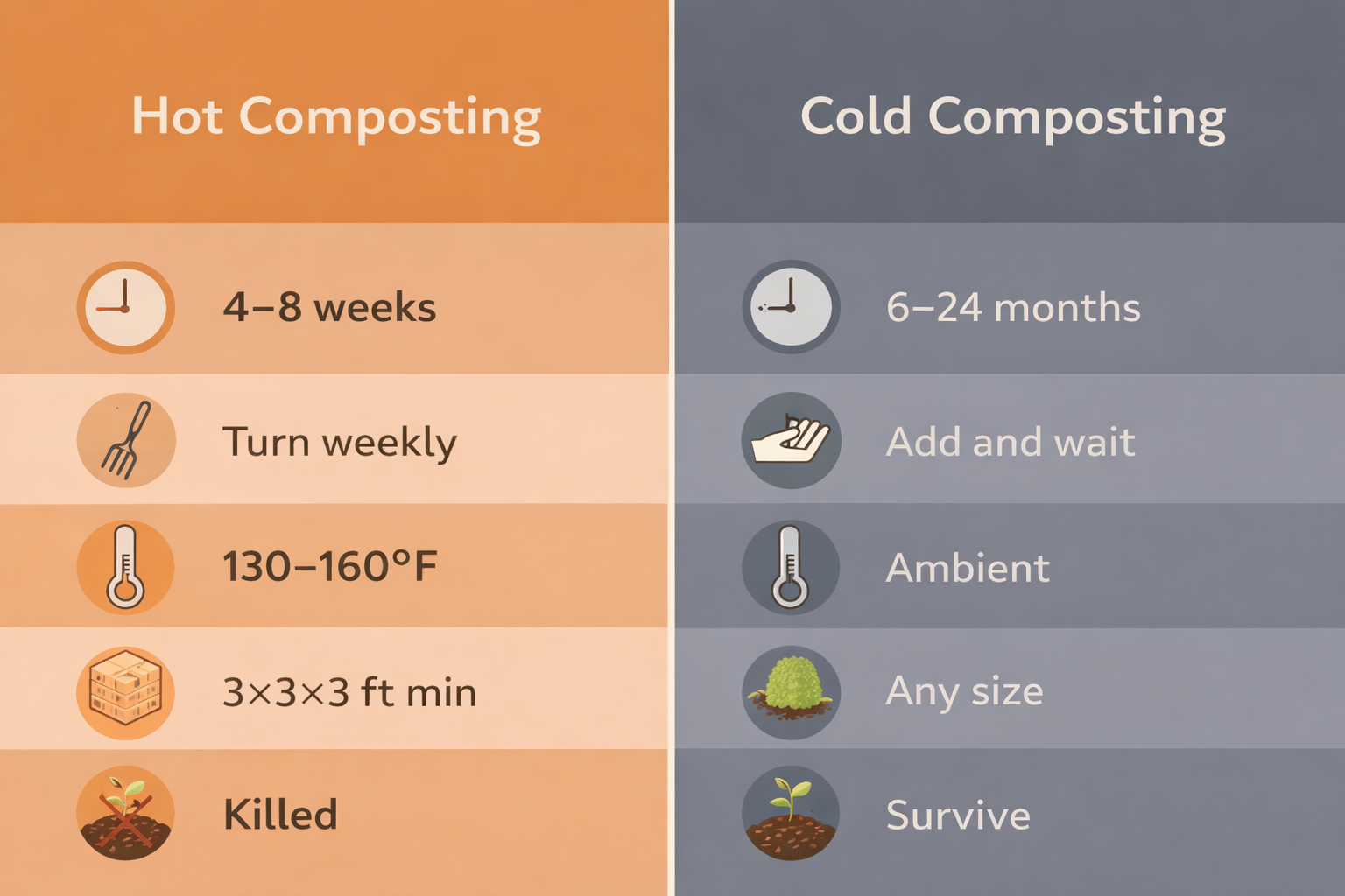 Hot composting vs cold composting comparison chart showing time, effort, temperature, pile size, and weed seed survival