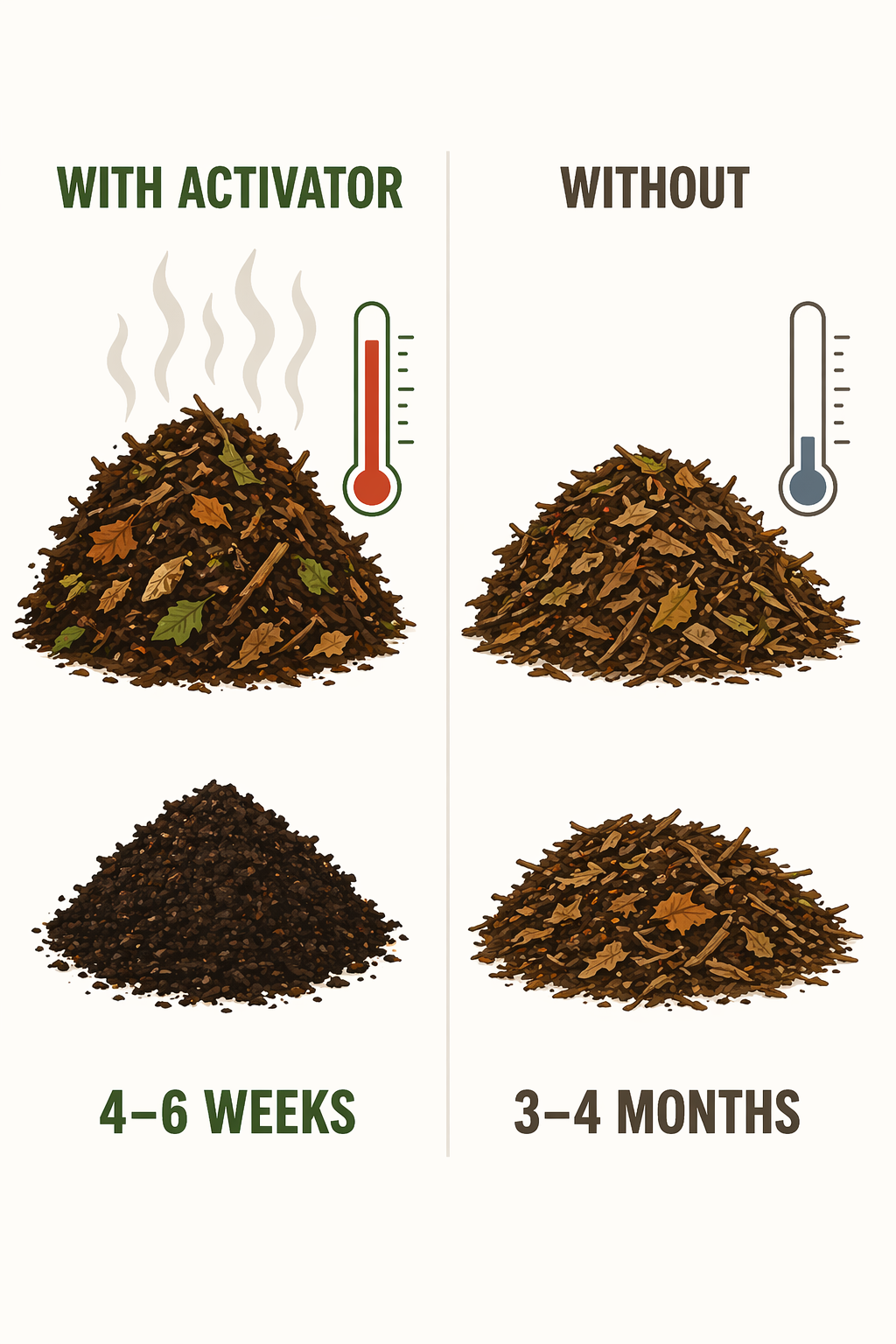 Compost pile with activator vs without, timeline comparison showing 4-6 weeks vs 3-4 months